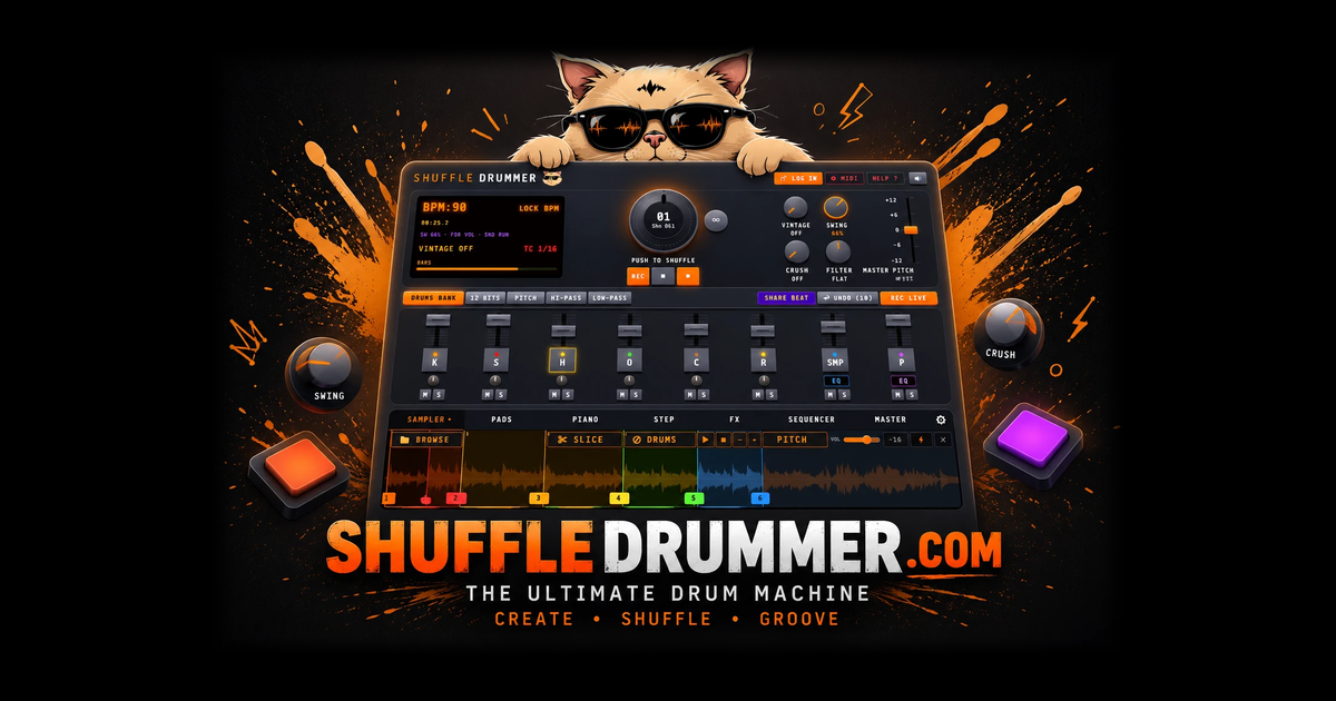 Shuffle Drummer online beat maker — sequencer, sampler pads and mixer in the browser